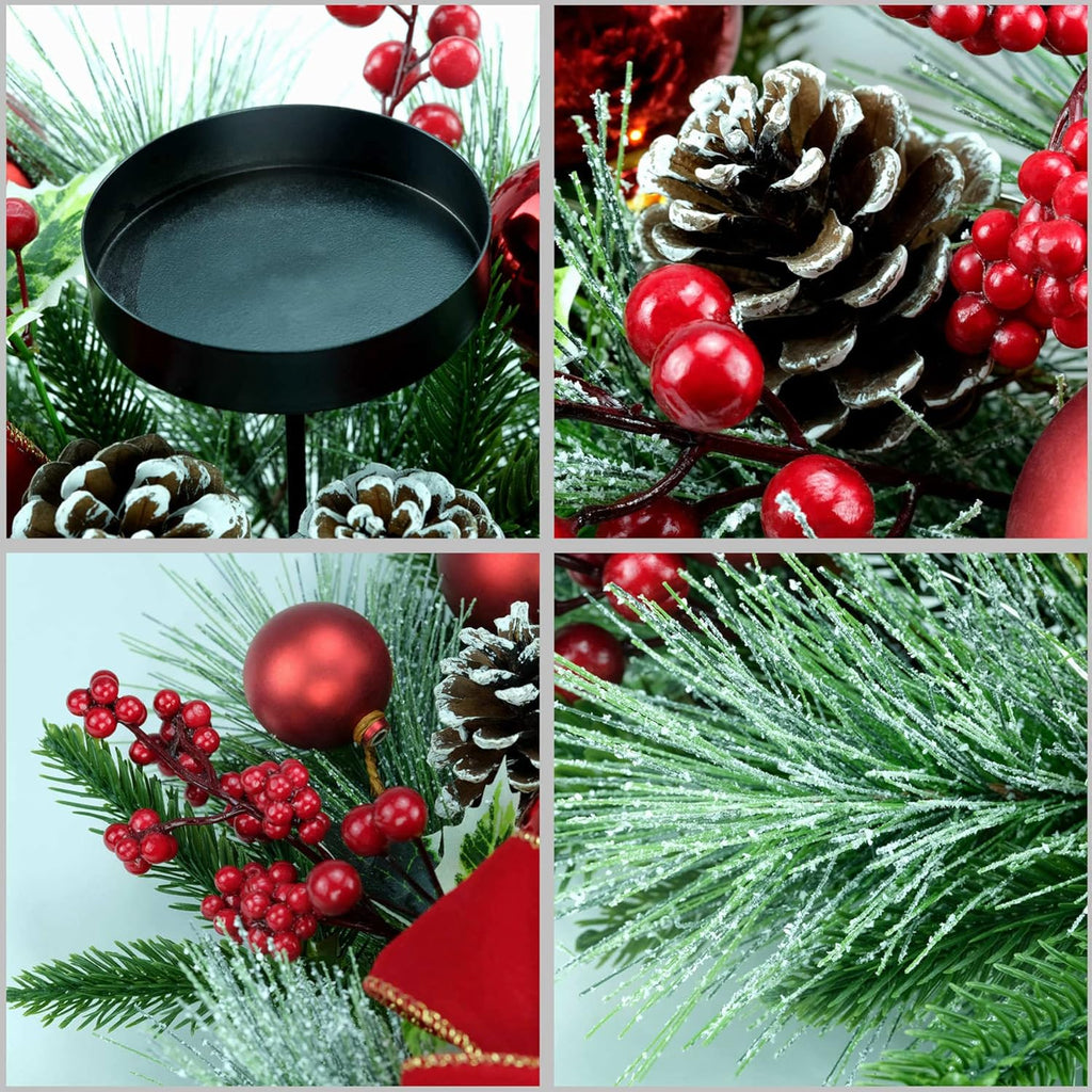 YULETIME 28" Christmas Triple Candelabrum - Festive Candle Holder with Red Baubles & Natural Pine Decor