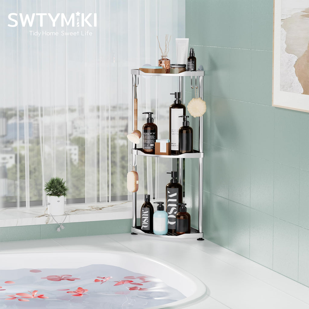 SWTYMIKI Corner Shower Caddy Standing - 3 Tier Stainless Steel Shower Organizer Stand, Large Capacity Floor Shelf with 4 Hooks, Rustproof Bathroom Storage Rack,Silver