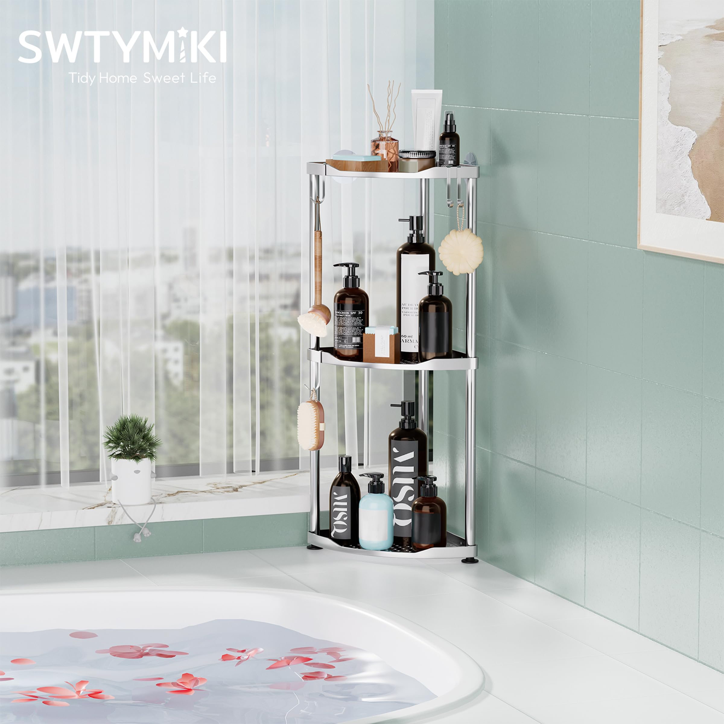 SWTYMIKI Corner Shower Caddy Standing - 3 Tier Stainless Steel Shower Organizer Stand, Large Capacity Floor Shelf with 4 Hooks, Rustproof Bathroom Storage Rack,Silver