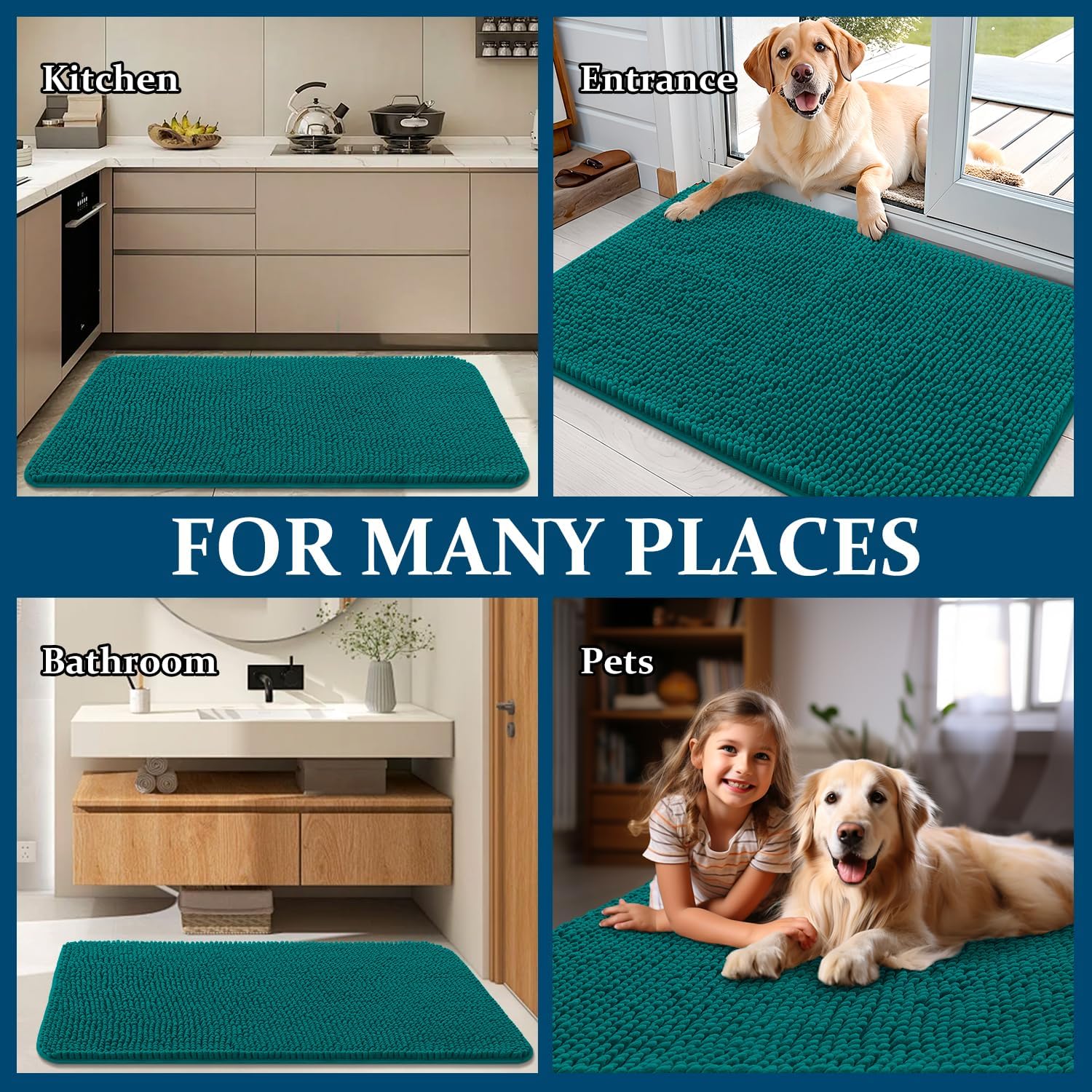 OLANLY Dog Door Mat - Absorbent Non-Slip Washable Doormat for Muddy Paws | 44x24, Quick Dry Chenille, Lake Blue