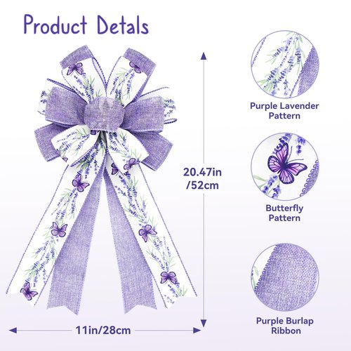 Craflox Spring Summer Lavender Bow Decorations, 2 Pcs Lavender Butterfly Bows for Wreaths, Spring Summer Purple Bow Ornaments for Tree, Spring Tree Topper Bows