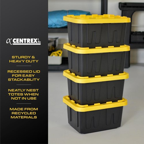 5-Gallon Heavy Duty Storage Bins by BLACK & YELLOW - Stackable, Weather-Resistant, 4-Pack for Home Organization