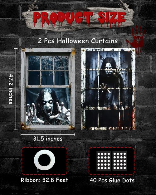 Yigney 2 Pcs Scary Halloween Window Decorations Female Ghost Window Door Cover Haunted Halloween Curtains Silhouette Decor for Outdoor Indoor (Female Ghost)