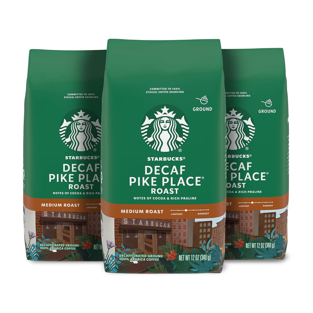 Starbucks Ground Coffee - Decaf Pike Place Roast | Medium Roast, 100% Arabica, 3 Bags (12 oz Each)