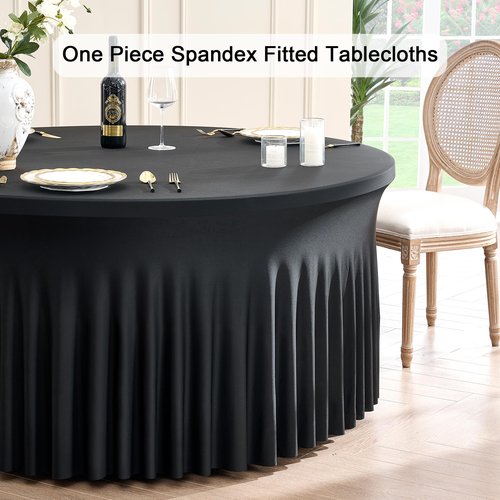 Outpain 6 Pack Black Round Spandex Tablecloth for 60 Inch/5FT Tables - Stretchy Table Cloth with Skirt, Wrinkle-Free Fitted Cloth for Wedding Vendor, Banquet & Graduation Decor (120" Round)