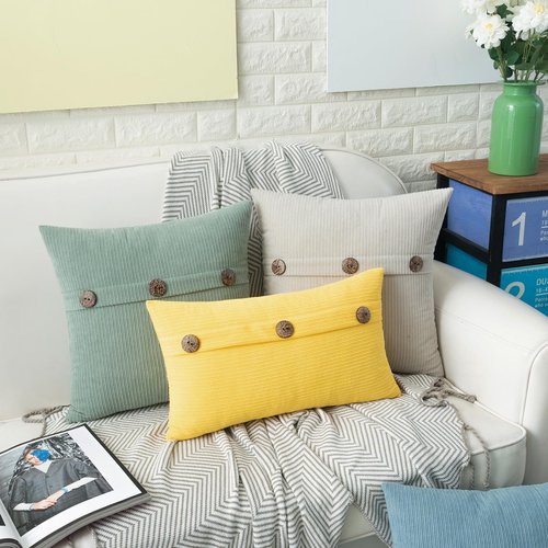 HWY 50 Cream White Chenille Throw Pillow Covers 12x20 Inch with Triple Buttons, Soft Farmhouse Accent Decorative Cushion Cases for Couch Sofa Bed Living Room Pack of 2 Rectangle