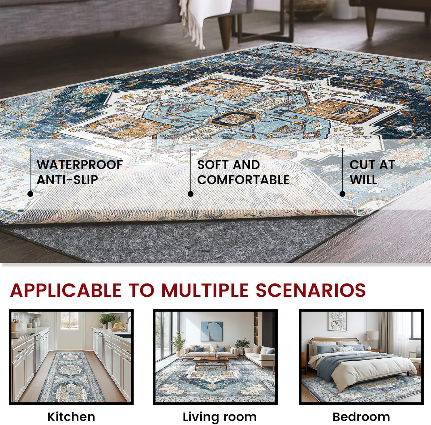 Skiennix Waterproof Rug Pad - Non-Slip Carpet Pad for All Floors | 8x10 ft Felt Pad for Hardwood