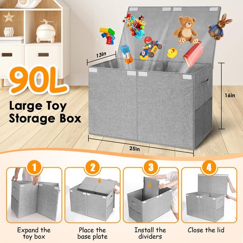 Fineonly Large Toy Box Chest with Lid, Kids Toy Storage Organizer for Boys Girls, Big Toy Bin Basket Extra Large Toy Storage Box for Living Room Playroom Nursery 25"x13"x16"