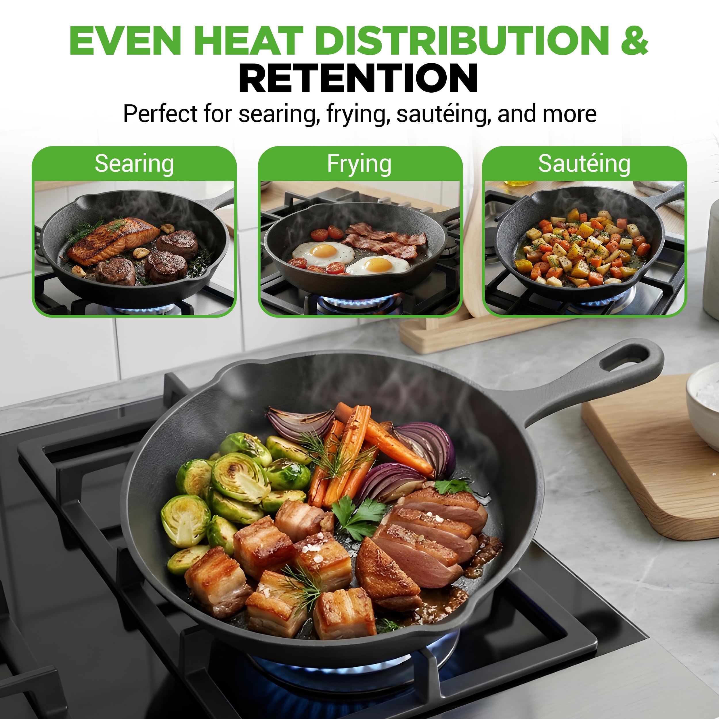 NutriChef Pre-Seasoned Cast Iron Skillets - 3 Pieces Cast Iron Cookware Set w/Drip Spout and Scraper - Compatible with Induction, Electric Stovetop, Gas, & Ceramic - NCCI76