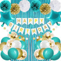 Teal Turquoise Blue and Gold Birthday Party Decorations for Women Girls with Happy Birthday Banner,Star Foil Balloons,Fringe Curtain,Circle Dots Garland,Blue Gold Latex Balloons