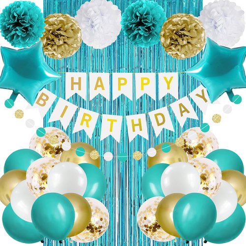 Teal Turquoise Blue and Gold Birthday Party Decorations for Women Girls with Happy Birthday Banner,Star Foil Balloons,Fringe Curtain,Circle Dots Garland,Blue Gold Latex Balloons