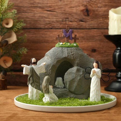 Easter Resurrection Scene with LED Lighting, Resin Empty Tomb Easter Scene for Christian Decoration, Battery Powered Religious Display with Timer, Home Office Tabletop Tray, Church, Shelf Decor