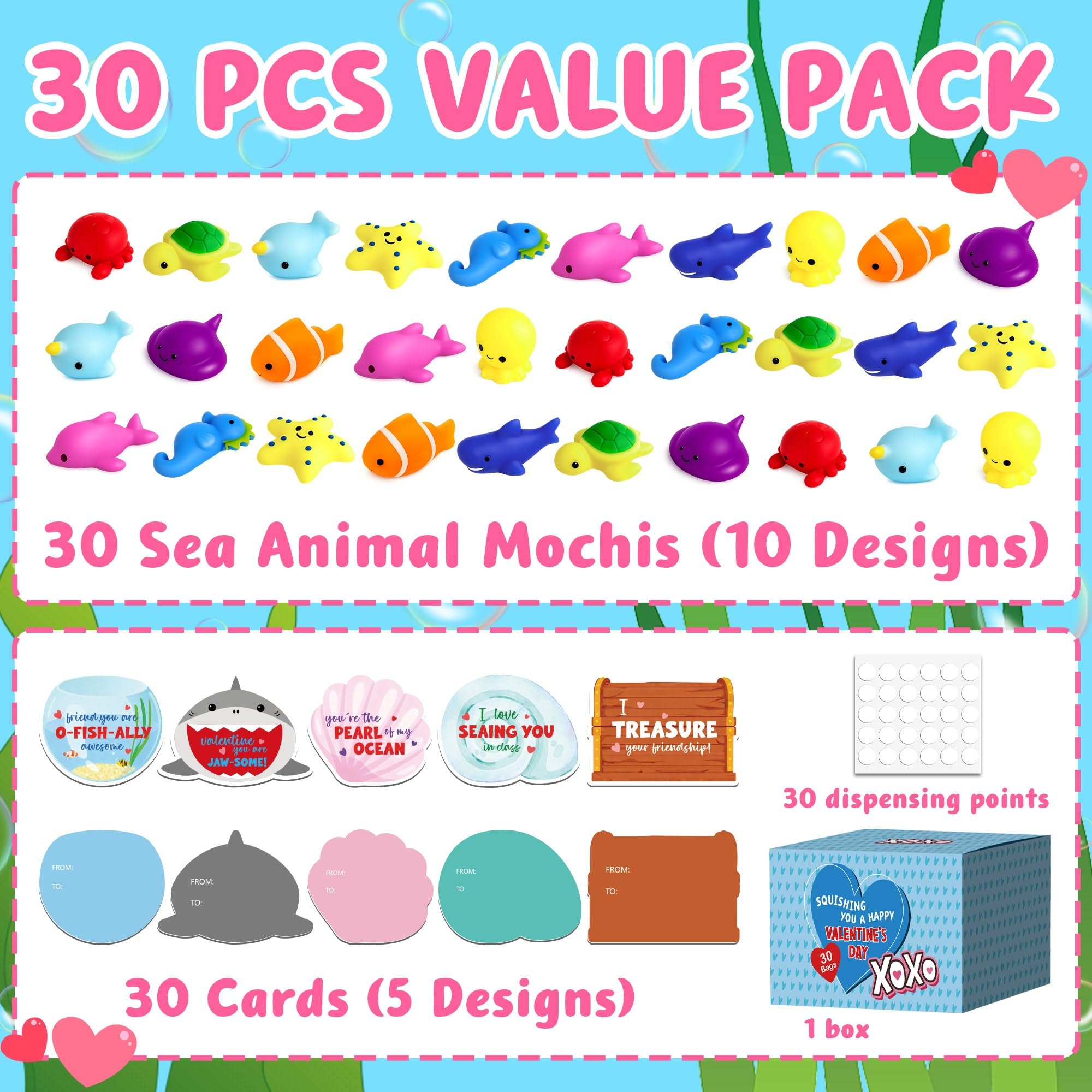 Valentines Day Cards for Kids School - 30PCS Cute Mochi Squishy Valentines for Class with Funny Ocean Valentine Cards, Valentine Party Favors for Boys & Girls, Valentine's Day Gifts for Kids Classroom