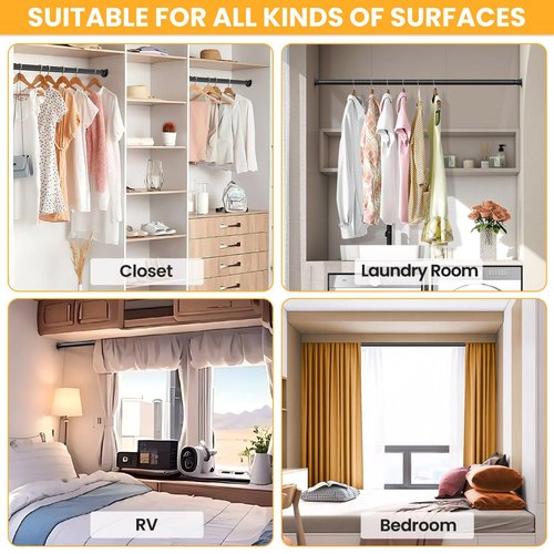 Closet Rods for Hanging Clothes, 17-69 Inch No-Cut Stepless Adjustable Closet Rod, 1.3 Inch Heavy Duty Metal Closet Hanging Rod with Brackets, Black Closet Bar for Closet, Laundry Room, RV, Wardrobes