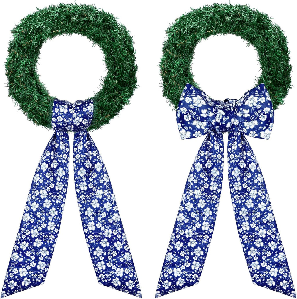 Skiennix Wreath Sash - Reversible Chinoiserie Decor for Monogram Garland | 2 Pcs Blue Style for Indoor/Outdoor Use