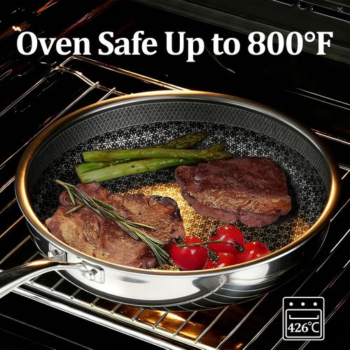 KURRUNGIE Hybrid Non Stick Frying Pans, 10-inch Stainless Steel Frying Pans with Tempered Glass Lid, 5 Ply Induction Cookware, Dishwasher-Friendly, Oven-Safe Up to 800°F, Compatible with All Cooktops