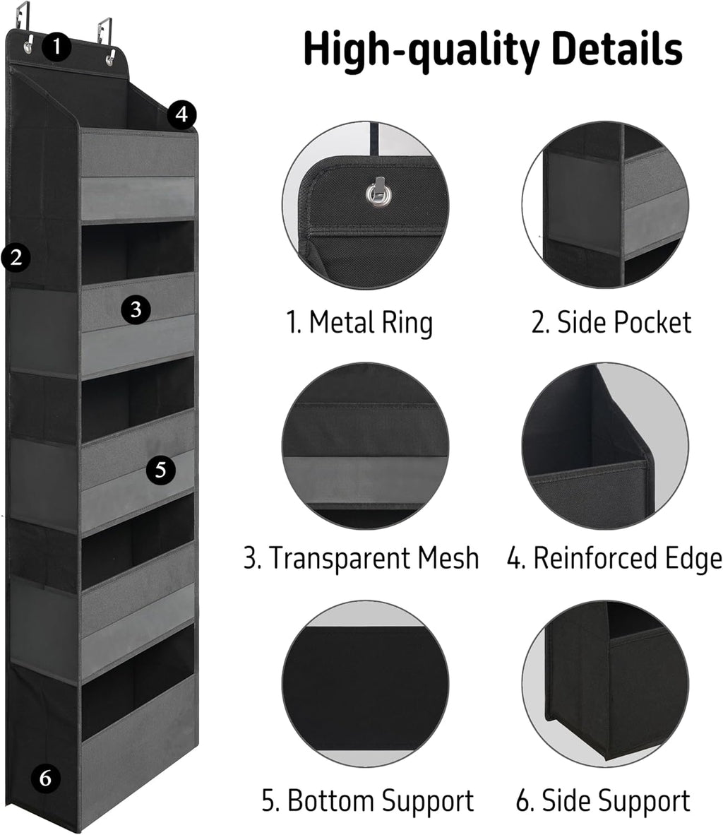 TYMENSH Over Door Organizer - Heavy Duty Storage with 5 Large Pockets for Closet, Bathroom, Nursery & More | Black