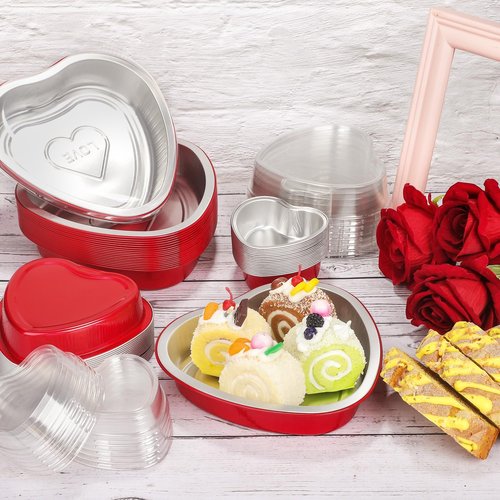 Fovths 60 Pieces Heart Shaped Cake Pans with Lids Extra Large Aluminum Foil Cupcake Pans 3.4 Oz, 9 Oz, 23 Oz Disposable Flan Baking Cups for Valentine Day Kitchen Birthday Wedding Party Baking Supply