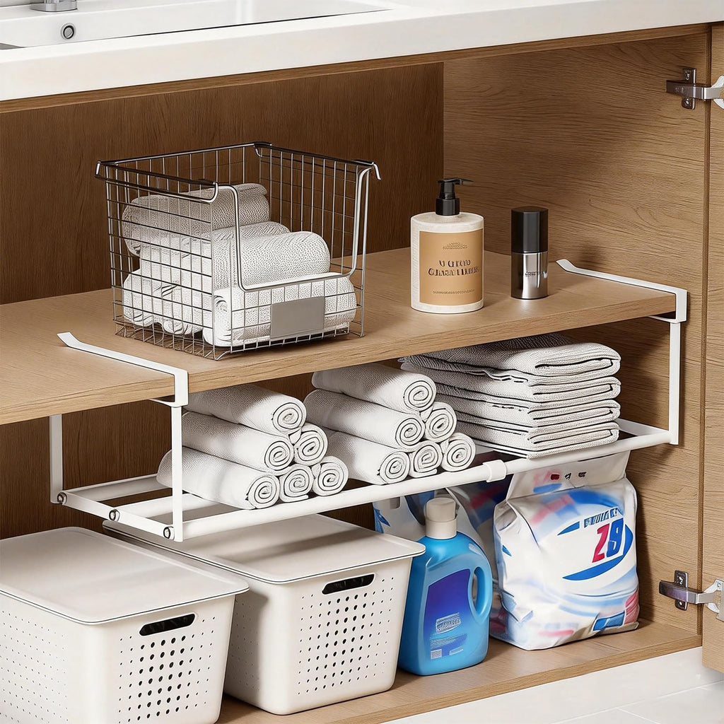UFORU Expandable Hanging Shoe Rack Organizer for Closet, Adjustable Shoe Rack Under Cabinet Shelf, Versatile Under Shelf Storage for Kitchen, Book, Clothing Storage and Organization(White,2PCS)