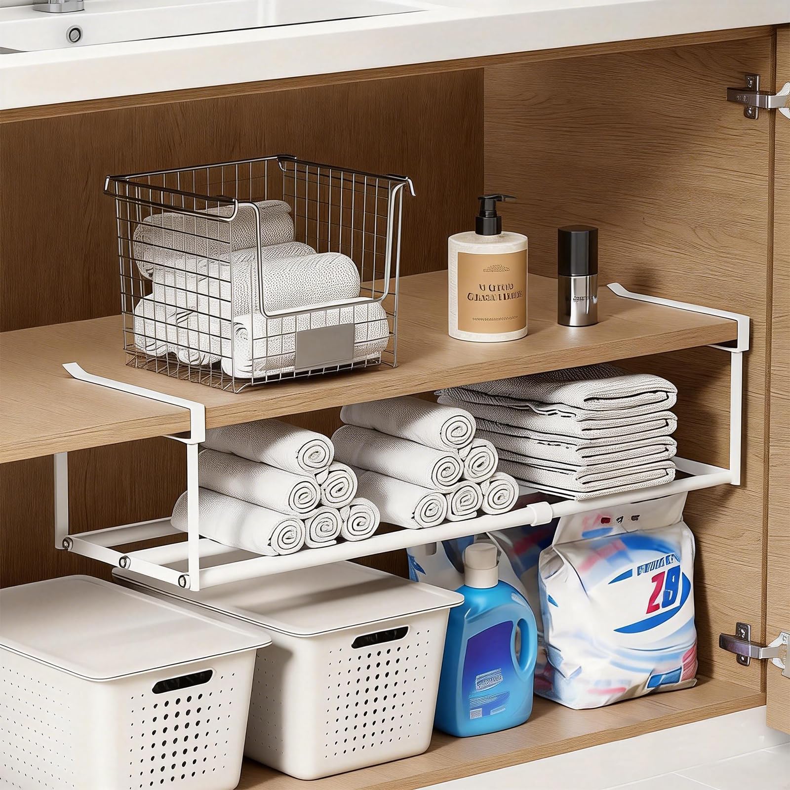 UFORU Expandable Hanging Shoe Rack Organizer for Closet, Adjustable Shoe Rack Under Cabinet Shelf, Versatile Under Shelf Storage for Kitchen, Book, Clothing Storage and Organization(White,2PCS)