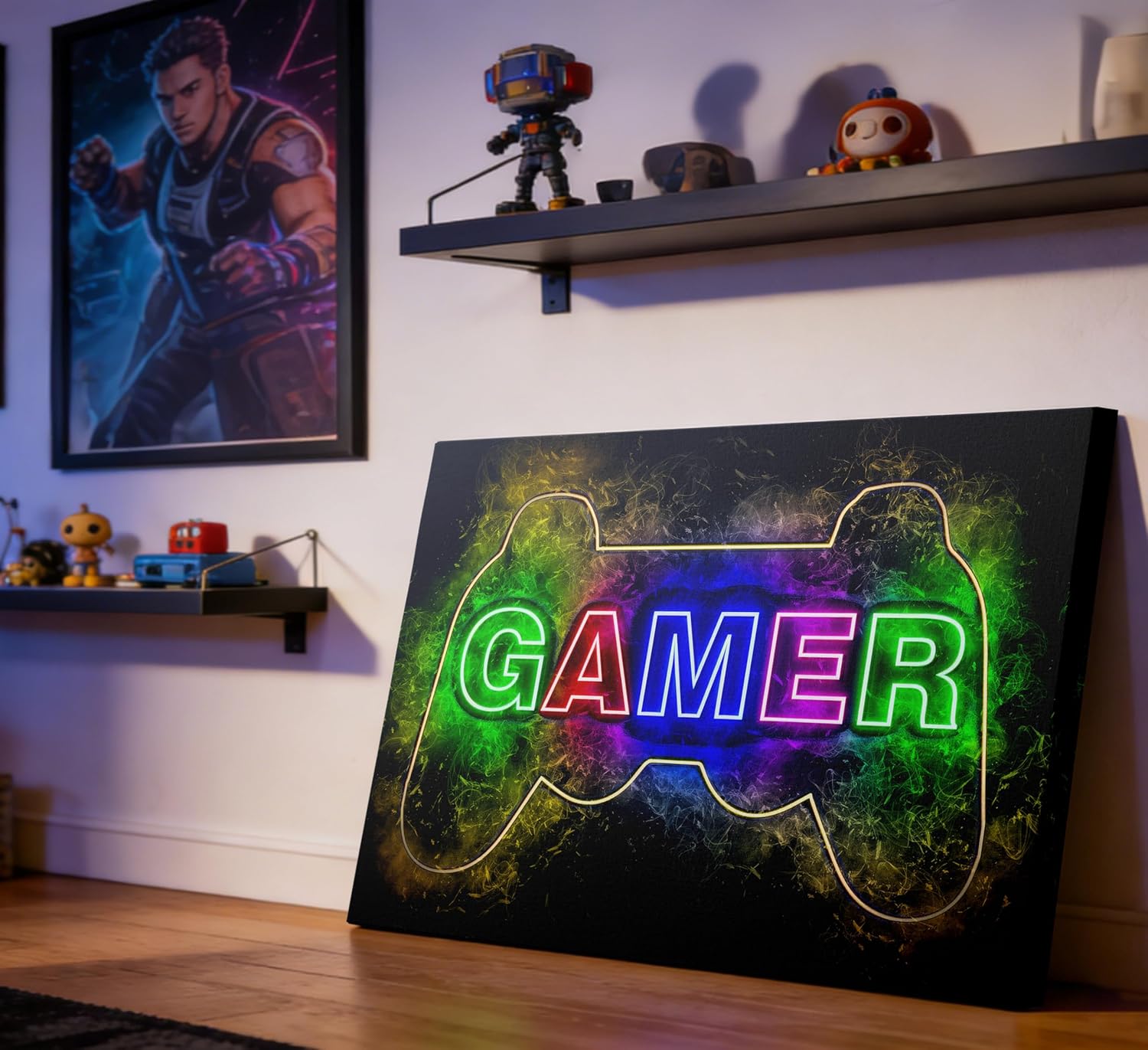 Skiennix Cool Gaming Canvas Wall Art - Colorful Neon Gamepad Poster Print for Teen Boys Room | 12 x 16 Inch