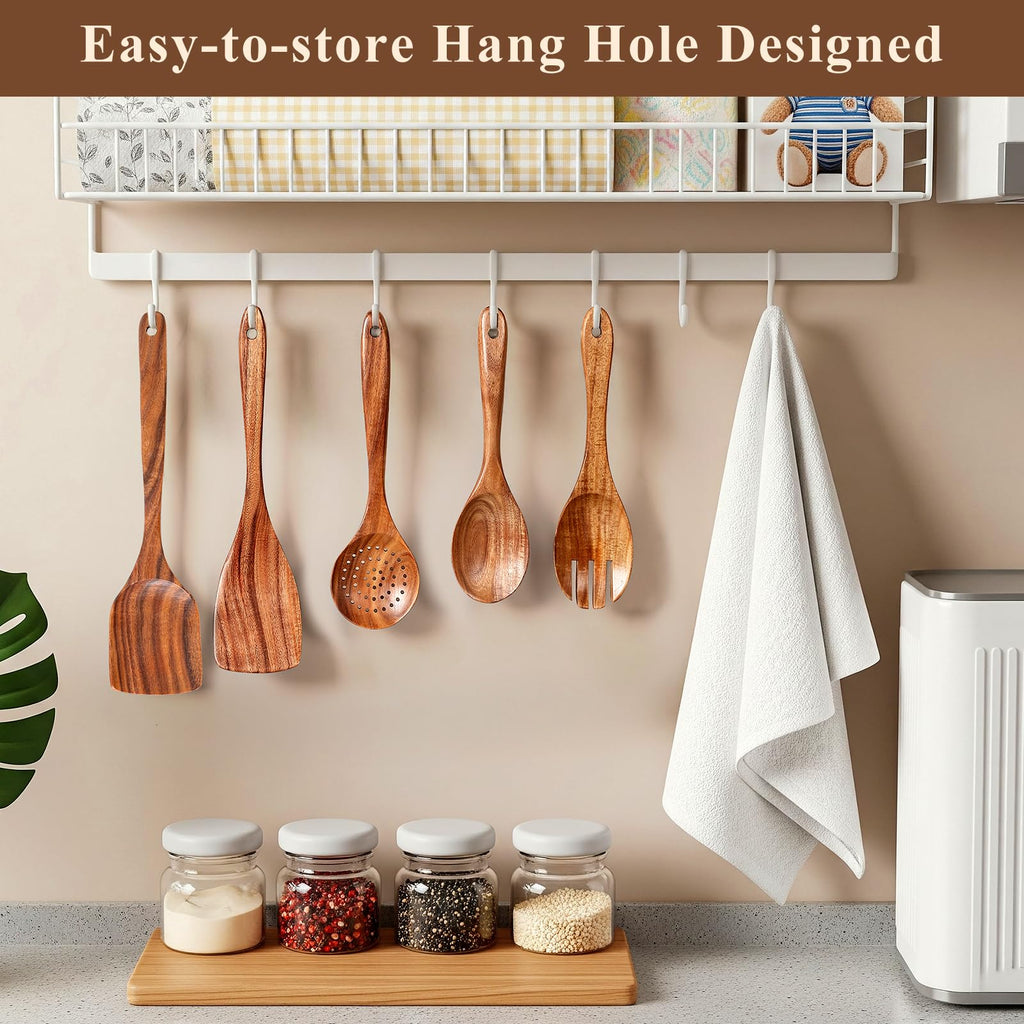 Premium Teak Wooden Spoons for Cooking, 6-Piece Wood Kitchen Utensils Set for Nonstick Cookware - Heat Resistant, Natural Healthy Spatula Set with Hanging Holes - Durable, Scratch-Free & Handcrafted