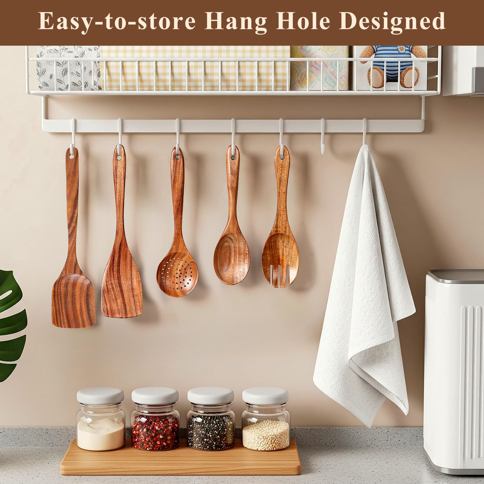 Premium Teak Wooden Spoons for Cooking, 6-Piece Wood Kitchen Utensils Set for Nonstick Cookware - Heat Resistant, Natural Healthy Spatula Set with Hanging Holes - Durable, Scratch-Free & Handcrafted