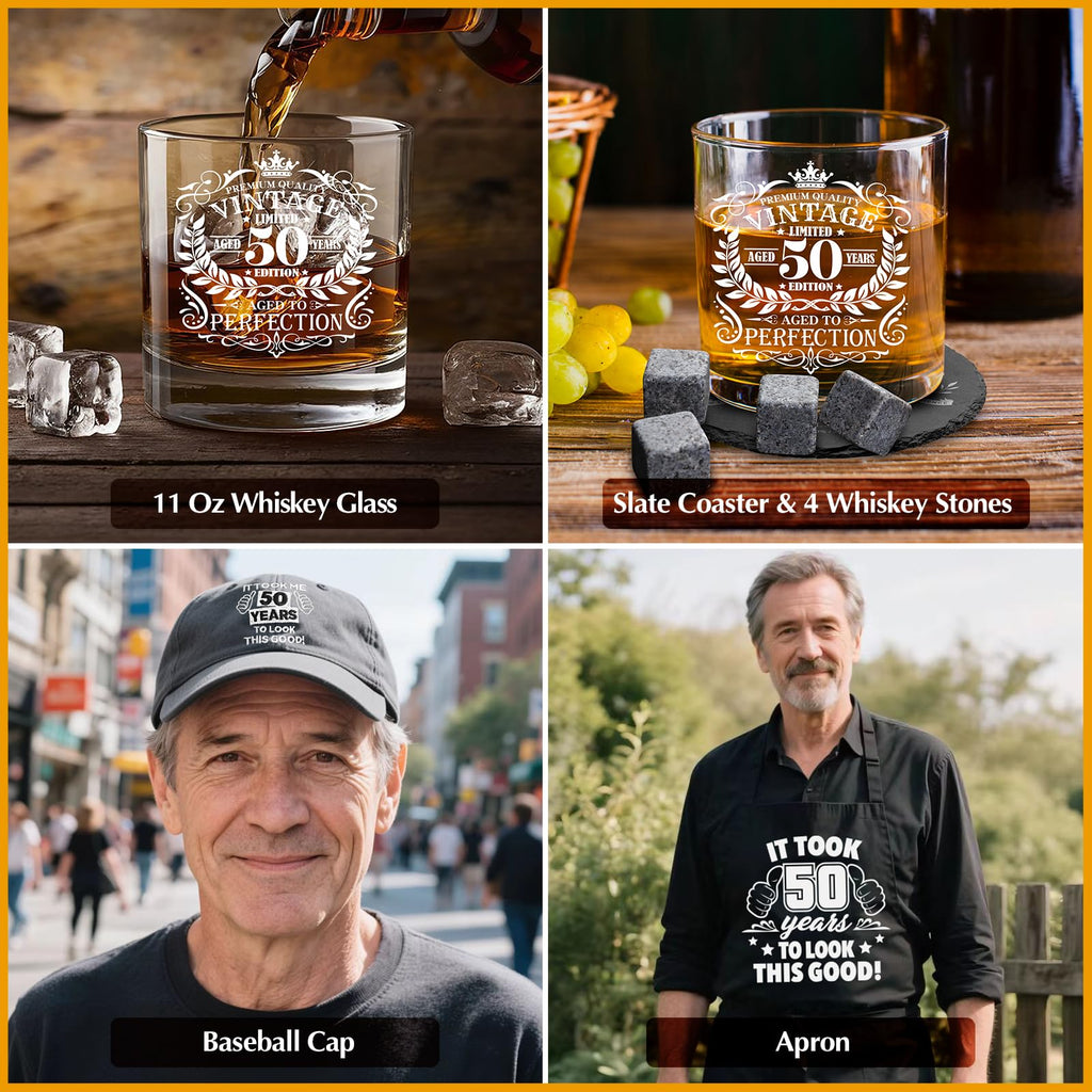 NVTROVI 50th Birthday Gifts for Men Whiskey Glass Set, 50th Birthday Party Supplies with 11 Oz Whiskey Glass Coaster Stone Baseball Cap Apron Sock Toilet Paper Keychain for Him, Dad, Husband, Friends