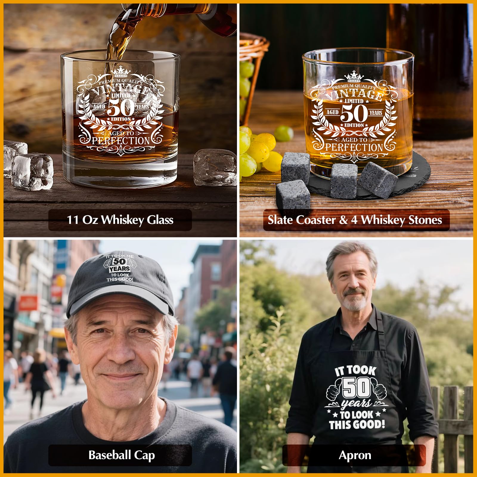 NVTROVI 50th Birthday Gifts for Men Whiskey Glass Set, 50th Birthday Party Supplies with 11 Oz Whiskey Glass Coaster Stone Baseball Cap Apron Sock Toilet Paper Keychain for Him, Dad, Husband, Friends
