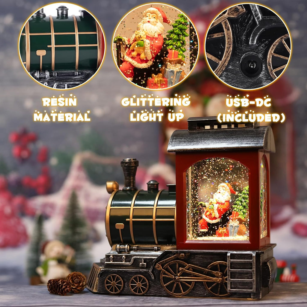 Santa Red Train Snow Globe Lantern | Glittering Light-Up Musical Christmas Decoration, 6-Hour Timer, USB & Battery Operated