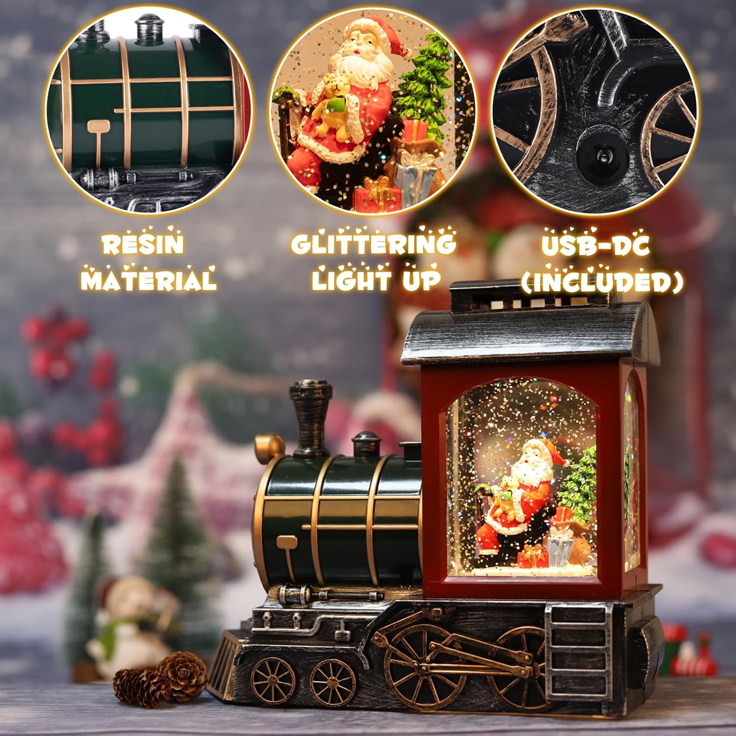 Santa Red Train Snow Globe Lantern | Glittering Light-Up Musical Christmas Decoration, 6-Hour Timer, USB & Battery Operated