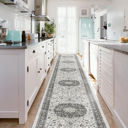 Hallway Washable Runner Rug - Vintage Soft Non-Slip Indoor Carpet | 2'6''x14'' Grey for Kitchen & Entryway
