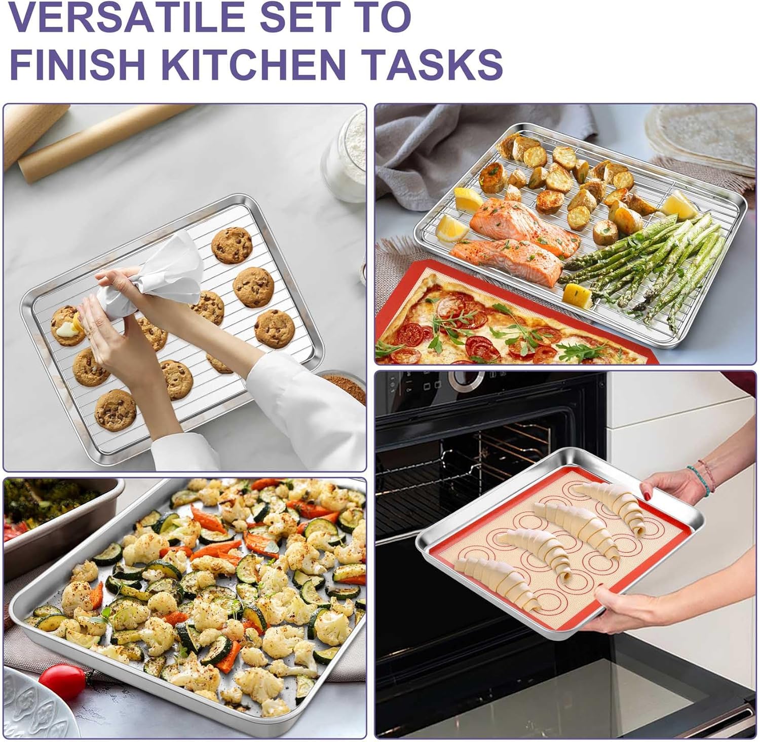 TeamFar Stainless Steel Baking Sheet Set - 12.5-Inch Cookie Sheets with Cooling Racks & Silicone Mats | Non-Toxic, Easy Clean