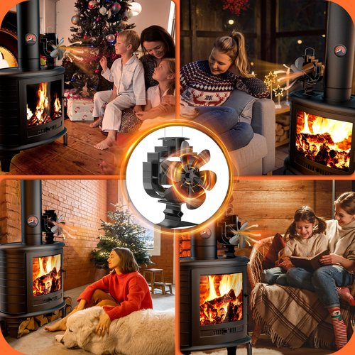 Gisam Oscillating Wood Stove Fan - 60° Left-Right Rotation, 6-Blade Heat Powered Fireplace Fan with Magnetic Thermometer, Non-Electric for Fast Warm Air Circulation
