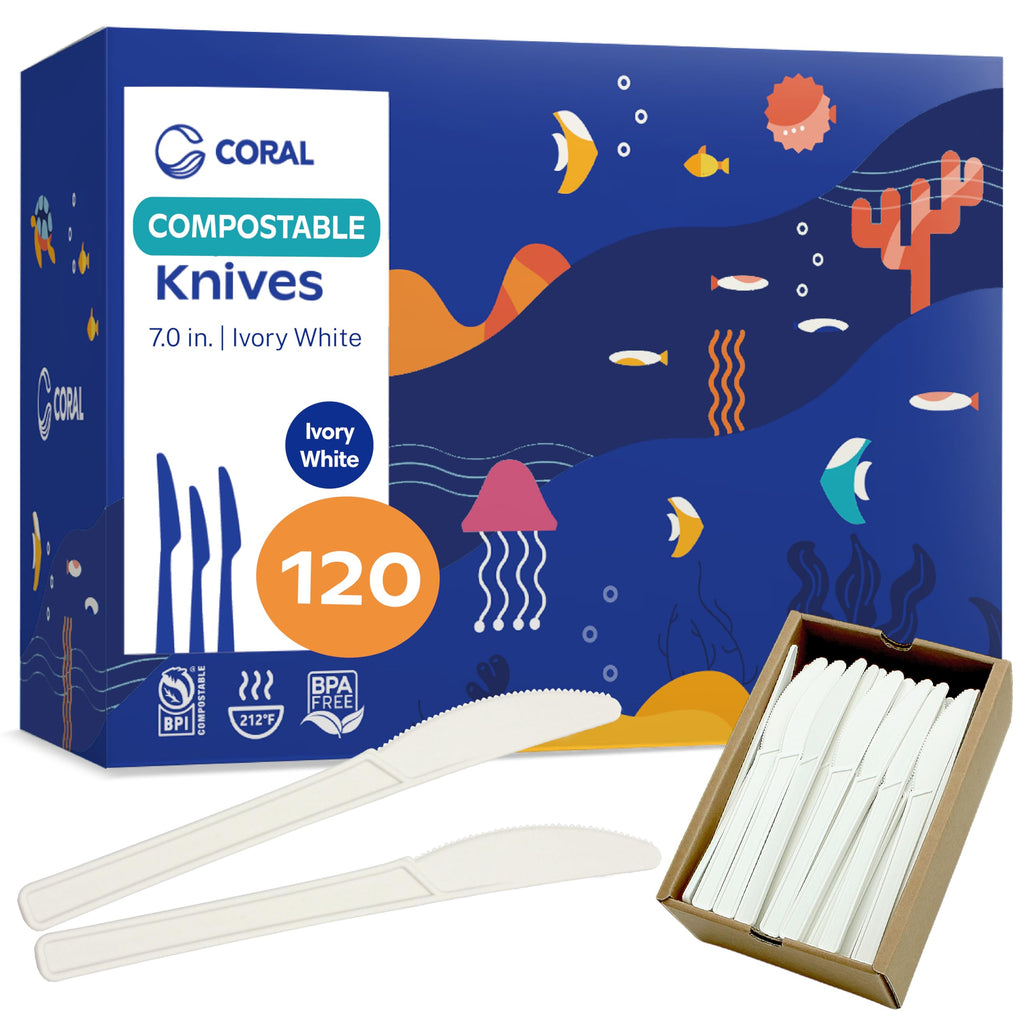 CORAL Ivory White 100% Compostable Knives - 120 Heavy Duty No Plastic Knives (7.0 inch) - Break Resistant with Smooth Edges, Ocean Friendly Alternative to Plastic Silverware - Biodegradable & Disposable Knives