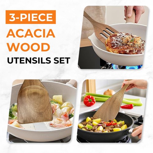 WARMKEY Natural Acacia Wood Spatula Set of 3, Nonstick Pan Safe Multipurpose Wooden Cooking Spatulas, Eco-Friendly Scratch-Proof Heat Resistant with Hanging Holes