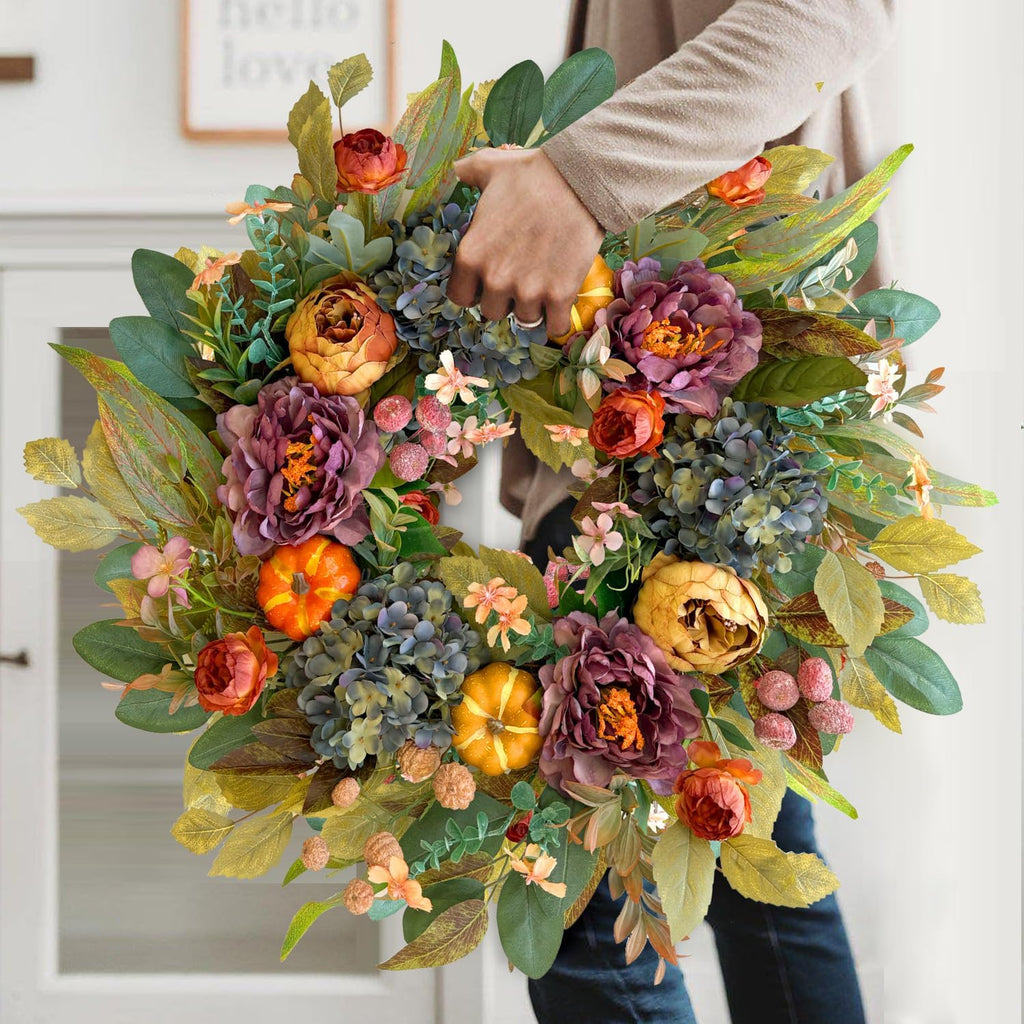 WANNA-CUL 24 Inch Fall Wreath - Blue Hydrangea & Purple Peony | Autumn Door Decoration