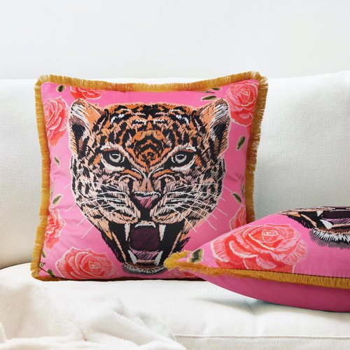 Tiger Floral Velvet Decorative Throw Pillow Cover 20x20 In Pink Pillow Covers Flower Animal Print Tiger Cushion Cover with Tassels Modern Decor Square Pillowcase for Sofa Couch Bedroom Living Room