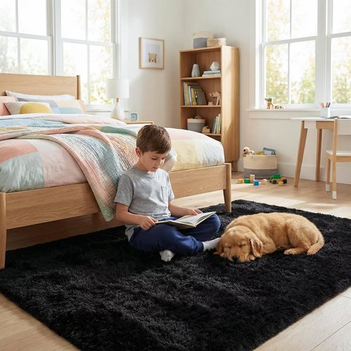 junovo 6x9 Black Washable Area Rug for Boys Bedroom Living Room, Soft Non-Slip Fluffy Rugs, Shag Plush Memory Foam Carpet for Kids Room Baby Nursery Home Decor