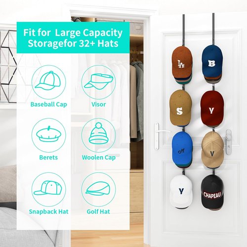 HapiRm Over Door Hat Rack - 8 Hook Organizer for 40 Caps | Stylish Storage Solution in Black