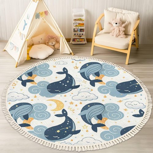 Ocean Beach Area Rugs Cute Whales Sleeping Clouds Fantasy Marine Animal Round Boho Area Rug Carpet Playmat Washable Hallway Runner Mat for Nursery Kid Room Bedroom Decoration Children Gift 4ft