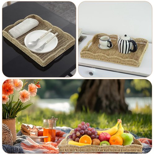 Serving Tray with Scalloped Edge, Rectangular Wicker Tray with Handles, Ideal for Breakfast or Meals in Bed and on Sofa, Decorative Coffee Table Tray to Enhance Dining (Coffee Brown)