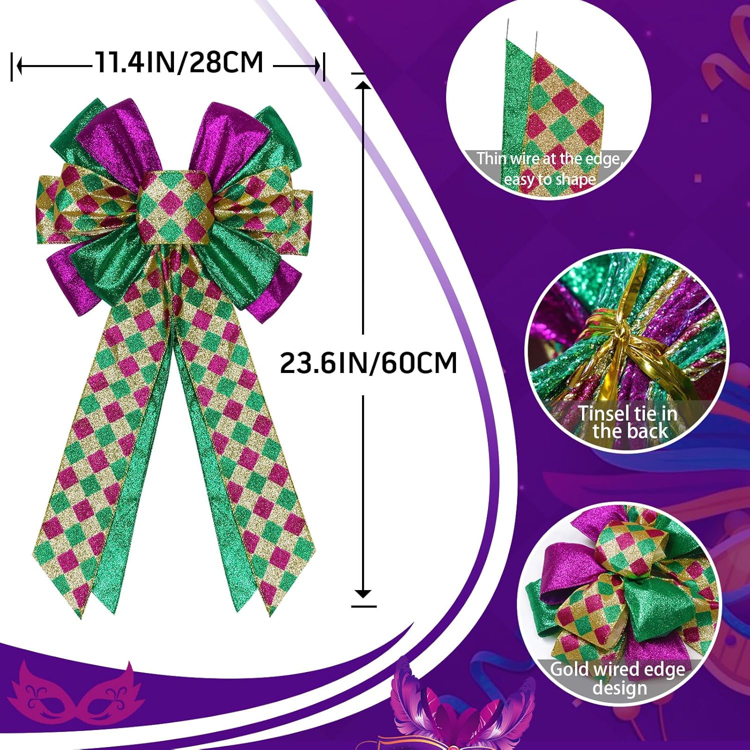 Skiennix Mardi Gras Bows - 12”x20” Large Glitter Tree Topper Decor for Holiday Parties | Gold, Green, Purple