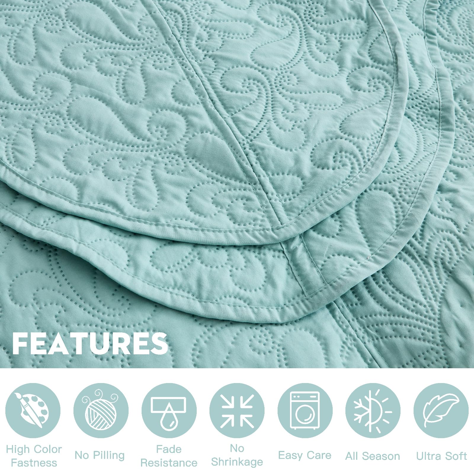 Blythease Oversized King Bedspread, Embossed Paisley Quilt Set King/Cal King, Lightweight Reversible Coverlet, Scalloped Edge - Fresh Classic Look, 5 Piece, Seaglass