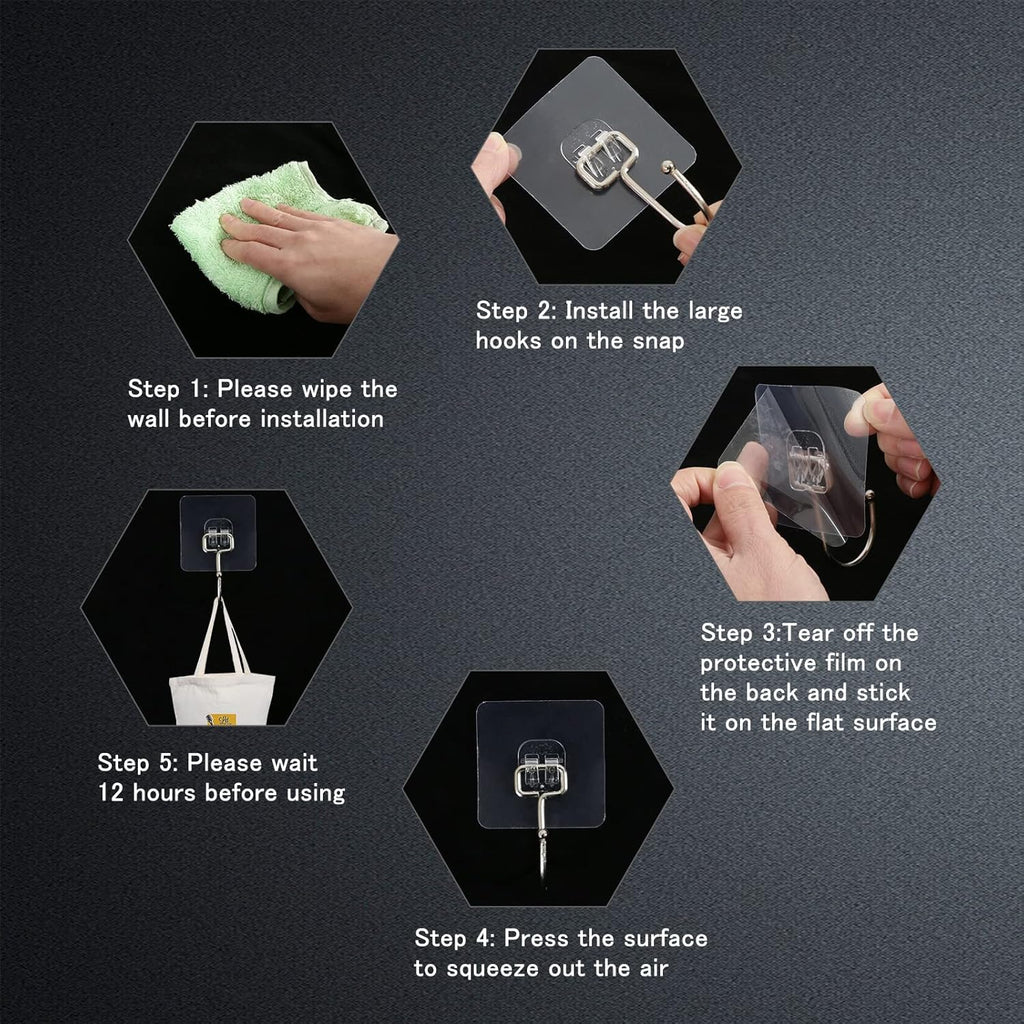 Skiennix Large Adhesive Wall Hooks - Heavy Duty 33lb Max Capacity | Waterproof Transparent Design for Easy Hanging