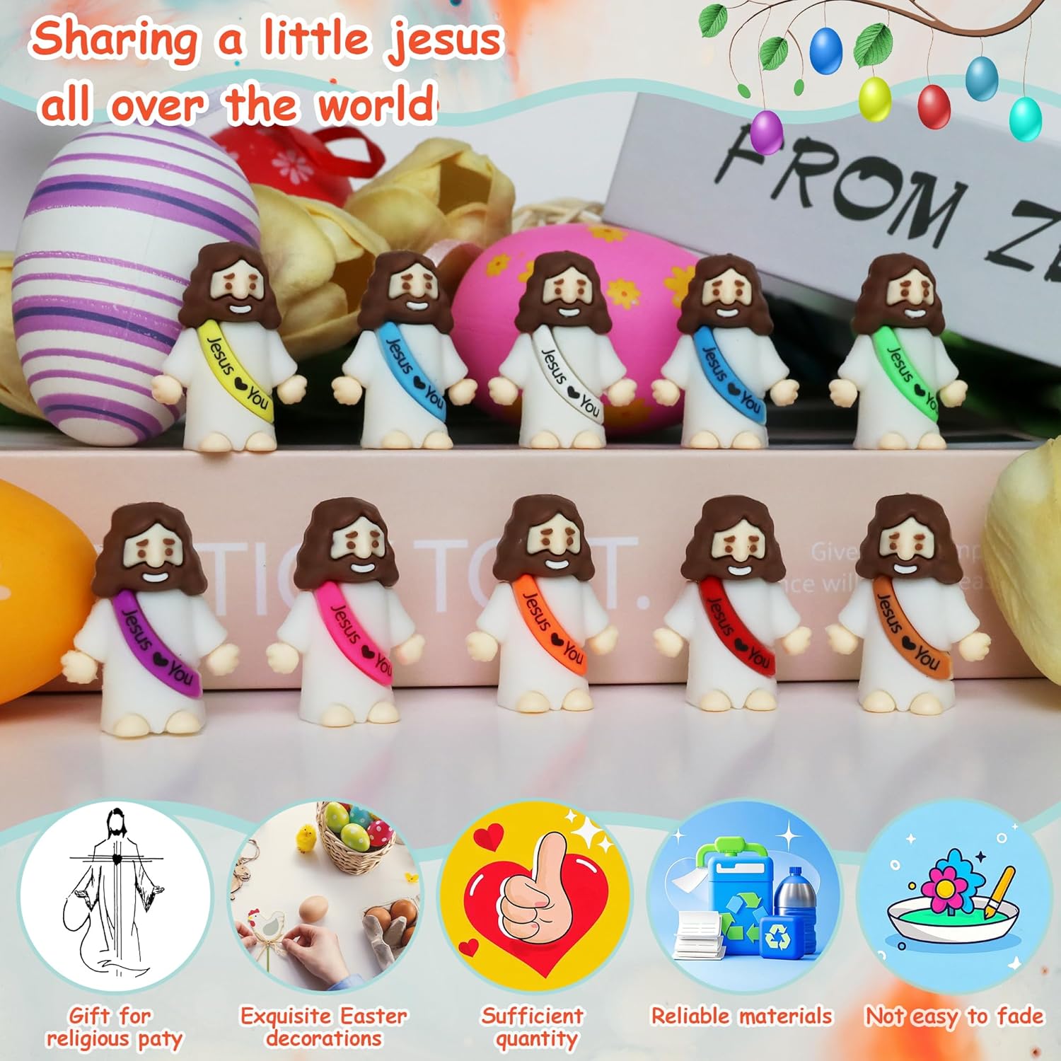 Skiennix 50 Pcs Little Jesus Figures - Mini Rubber Jesus Figurines for Easter Egg Hunts | Multi-Color Set