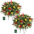 Juegoal 2 Pack Pre-lit Christmas Tree Urn Filler, Lighted Artificial Xmas Pine Trees with Tripod Stake, 8 Modes & Timer, Battery Powered Outdoor Light Up Planter Filler Festival Holiday Decor