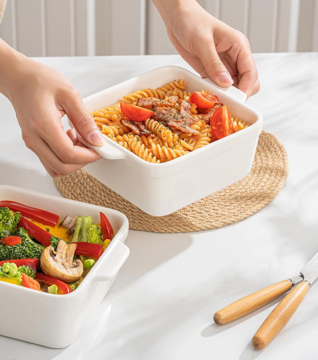 Regine Switzerland 5x5 Small Baking Dish - 28 Oz Ceramic Casserole with Handles | Oven & Microwave Safe, Set of 2