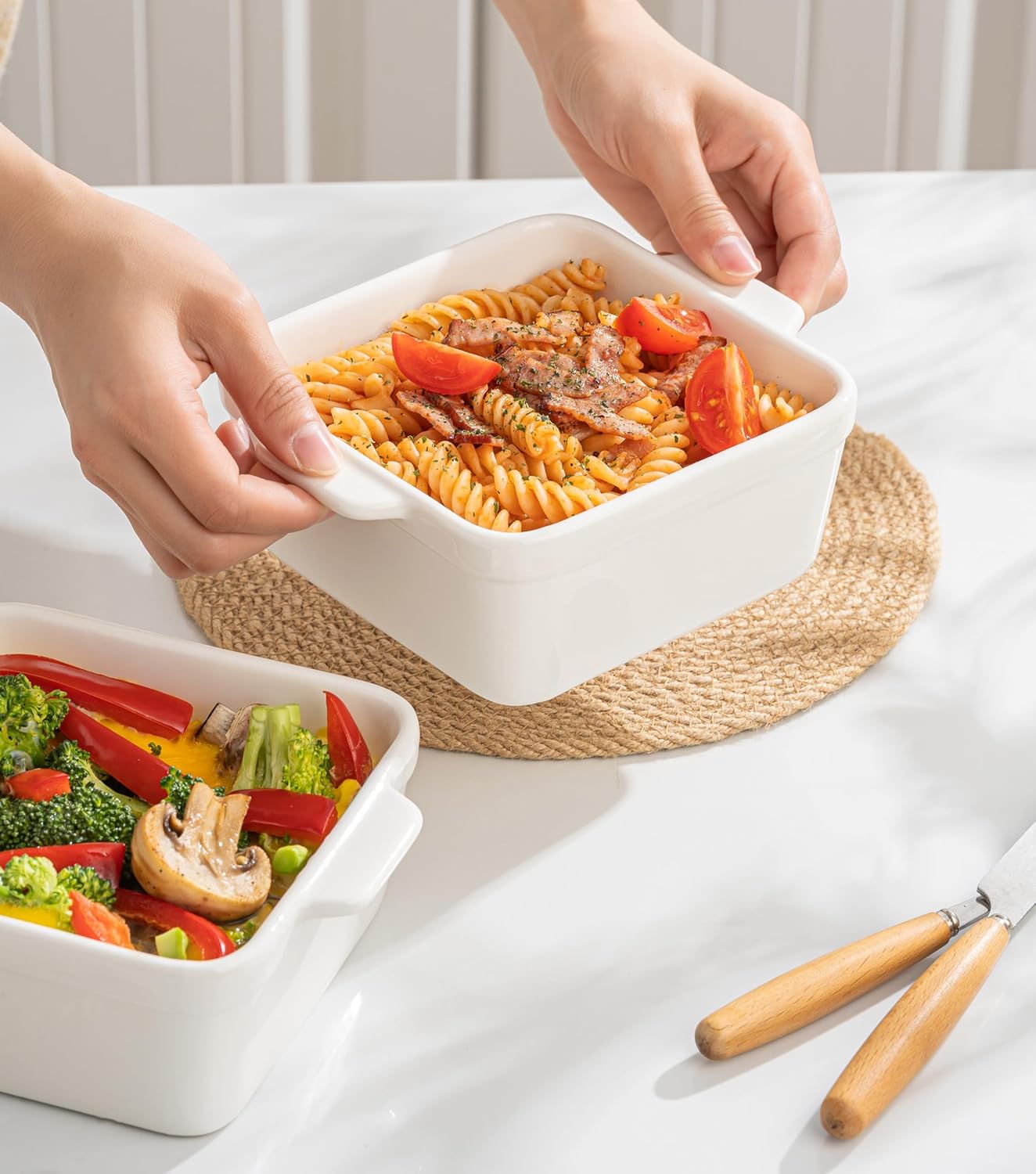 Regine Switzerland 5x5 Small Baking Dish - 28 Oz Ceramic Casserole with Handles | Oven & Microwave Safe, Set of 2