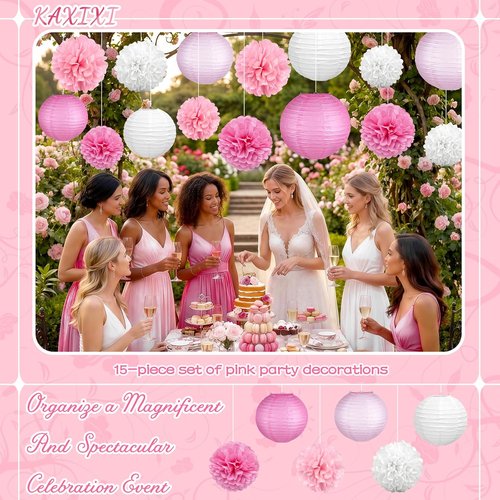 KAXIXI Pink Party Decorations - 15 Pcs Hanging Lanterns & Tissue Pom Poms for Baby Showers & Birthdays